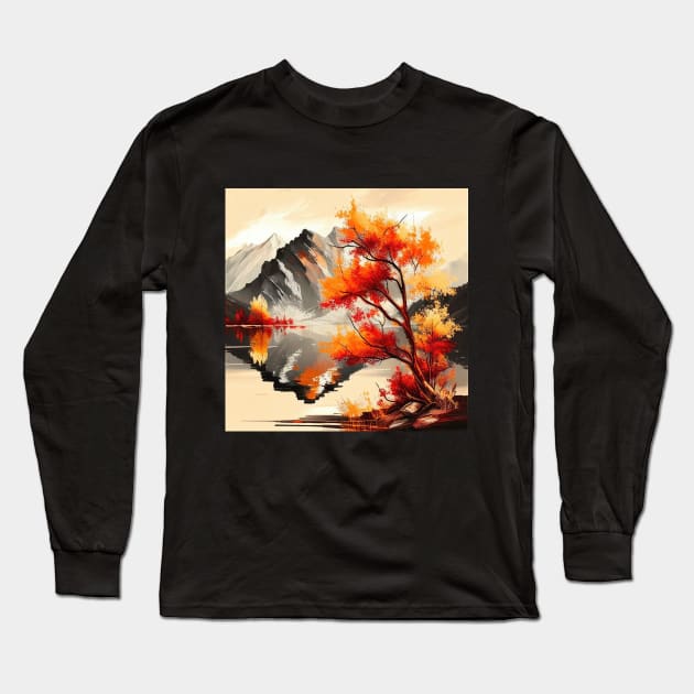 Colorful Autumn Trees with Mountain Lake Long Sleeve T-Shirt by The Art Mage